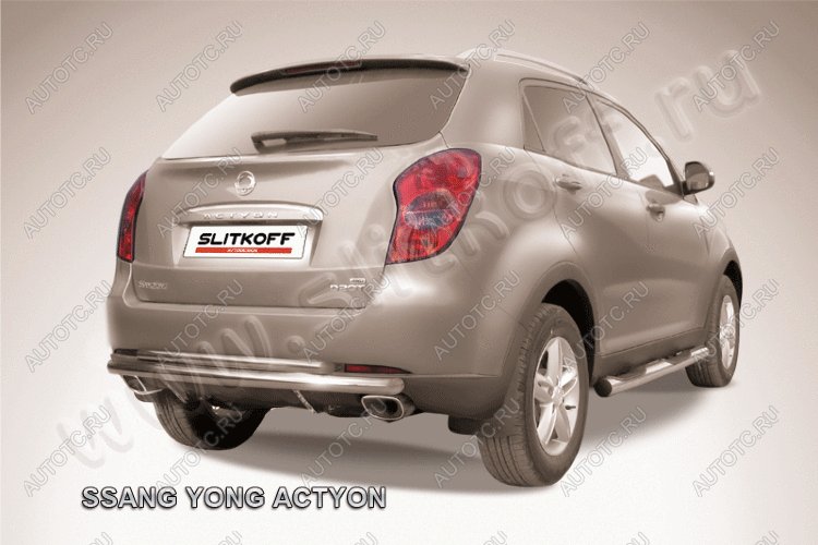 11 599 р. Защита заднего бампера d57+d42 двойная длинная Slitkoff SSANGYONG Actyon дорестайлинг (2010-2013) (нержавейка полированная)  с доставкой в г. Кемерово