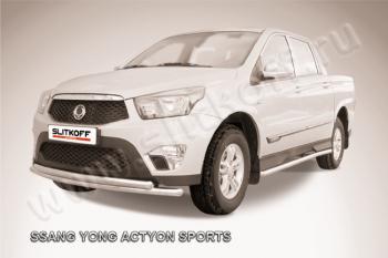 13 999 р. Защита переднего бампера d57+d57 двойная радиусная Slitkoff  SSANGYONG Actyon Sport (2012-2025) (нержавейка полированная)  с доставкой в г. Кемерово. Увеличить фотографию 1