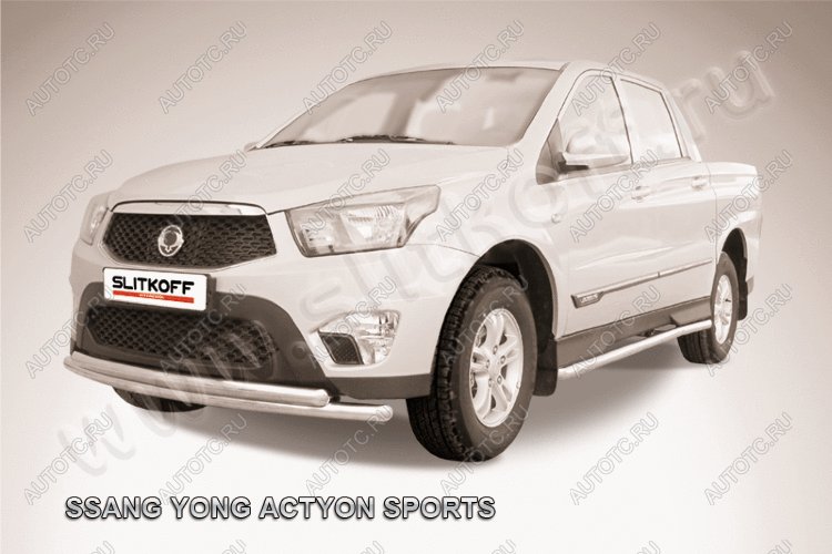 13 999 р. Защита переднего бампера d57+d57 двойная радиусная Slitkoff  SSANGYONG Actyon Sport (2012-2025) (нержавейка полированная)  с доставкой в г. Кемерово