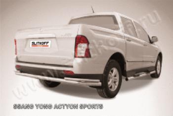 Защита заднего бампера d76+d42 двойная длинная Slitkoff SSANGYONG Actyon Sport (2012-2025) (нержавейка полированная)