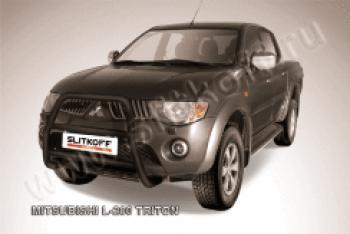 18 399 р. Защита переднего бампера кенгурятник d57 высокий (Triton) Slitkoff  Mitsubishi L200  4 (2006-2014)  дорестайлинг (Сталь с полимерным покрытием в цвет черный)  с доставкой в г. Кемерово. Увеличить фотографию 1