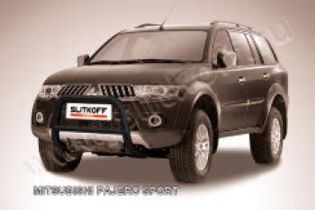 16 899 р. Защита переднего бампера кенгурятник d57 низкий Slitkoff Mitsubishi Pajero Sport PA рестайлинг (2004-2008) ( Сталь с полимерным покрытием в цвет черный)  с доставкой в г. Кемерово. Увеличить фотографию 1