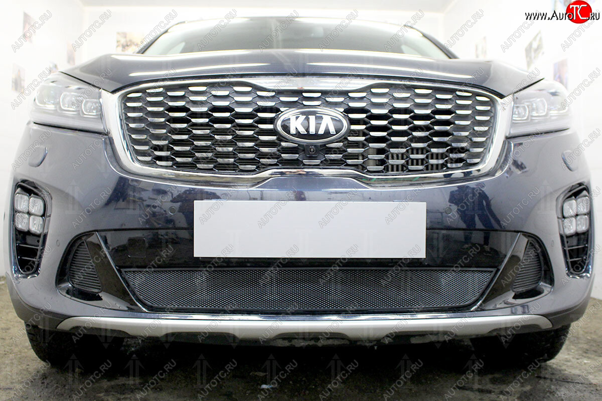3 079 р. Защитная сетка в бампер (низ, ячейка 3х7 мм) Alfeco Стандарт KIA Sorento UM/Prime рестайлинг (2018-2020) (Чёрная)  с доставкой в г. Кемерово