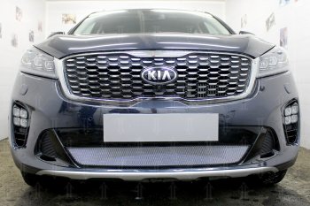 Защитная сетка в бампер (низ, ячейка 3х7 мм) Alfeco Стандарт KIA Sorento UM/Prime рестайлинг (2018-2020) (Хром)