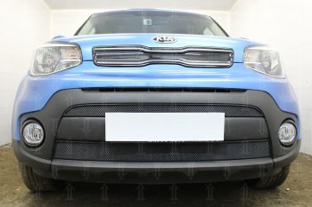 4 849 р. Защитная сетка в бампер (2 части, ячейка 3х7 мм) Alfeco Стандарт  KIA Soul  PS (2017-2019) рестайлинг (Чёрная)  с доставкой в г. Кемерово. Увеличить фотографию 1