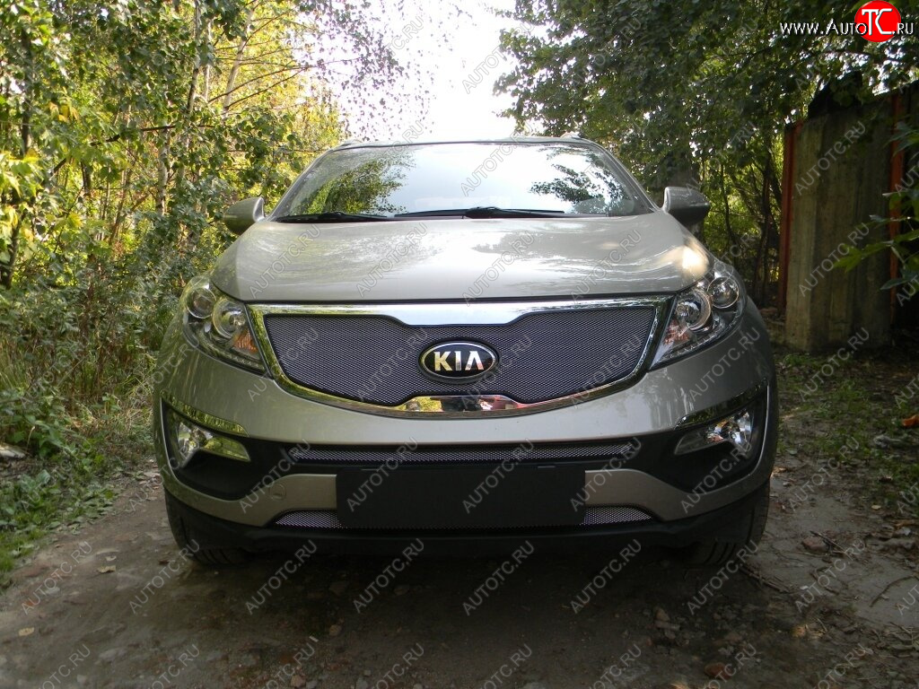 3 399 р. Защитная сетка в бампер (верх, ячейка 3х7 мм) Alfeco Стандарт  KIA Sportage  3 SL (2014-2016) рестайлинг (Хром)  с доставкой в г. Кемерово