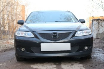 Защитная сетка в бампер (верх, ячейка 3х7 мм) Alfeco Стандарт Mazda 6 GG седан дорестайлинг (2002-2005) (Чёрная)