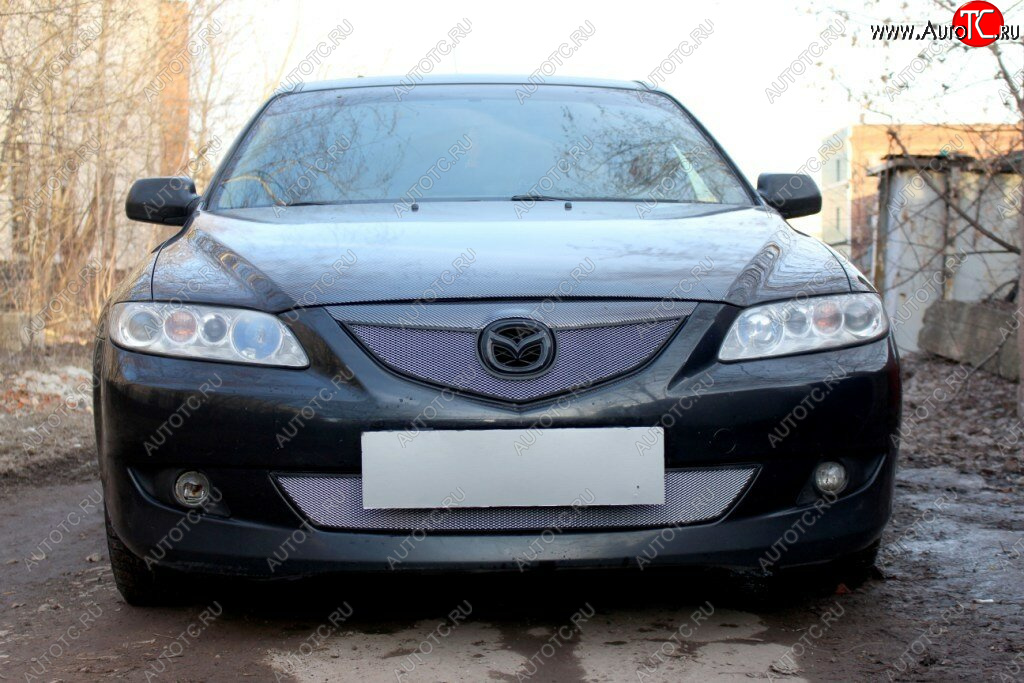 3 199 р. Защитная сетка в бампер (верх, ячейка 3х7 мм) Alfeco Стандарт  Mazda 6  GG (2002-2005) лифтбэк дорестайлинг, седан дорестайлинг (Хром)  с доставкой в г. Кемерово