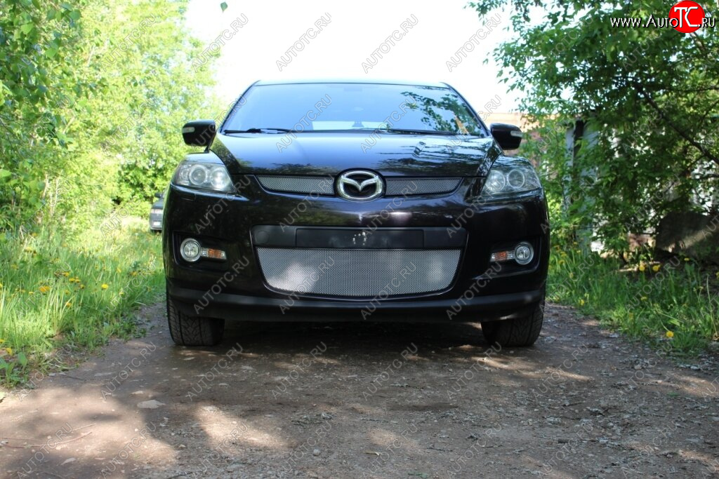 3 399 р. Защитная сетка в бампер (низ, ячейка 3х7 мм) Alfeco Стандарт  Mazda CX-7  ER (2006-2010) дорестайлинг (Хром)  с доставкой в г. Кемерово