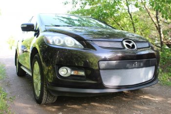 3 399 р. Защитная сетка в бампер (низ, ячейка 3х7 мм) Alfeco Стандарт  Mazda CX-7  ER (2006-2010) дорестайлинг (Хром)  с доставкой в г. Кемерово. Увеличить фотографию 2