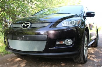 3 399 р. Защитная сетка в бампер (низ, ячейка 3х7 мм) Alfeco Стандарт  Mazda CX-7  ER (2006-2010) дорестайлинг (Хром)  с доставкой в г. Кемерово. Увеличить фотографию 3