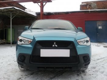 2 899 р. Защитная сетка в бампер (низ, ячейка 3х7 мм) Alfeco Стандарт  Mitsubishi ASX (2010-2012) дорестайлинг (Чёрная)  с доставкой в г. Кемерово. Увеличить фотографию 3