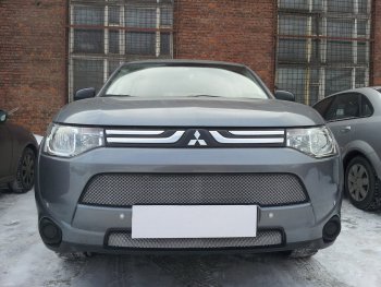 Защитная сетка в бампер (2 части, ячейка 3х7 мм) Alfeco Стандарт Mitsubishi Outlander GF дорестайлинг (2012-2014) (Хром)