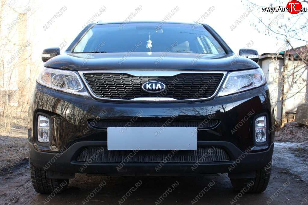 3 899 р. Защитная сетка в бампер (середина, ячейка 4х10 мм) Alfeco Премиум KIA Sorento XM рестайлинг (2012-2015) (Чёрная)  с доставкой в г. Кемерово