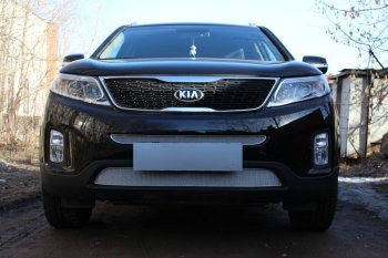 Защитная сетка в бампер (середина, ячейка 4х10 мм) Alfeco Премиум KIA Sorento XM рестайлинг (2012-2015) (Хром)