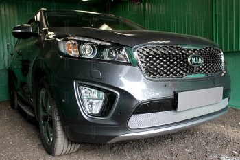 4 549 р. Защитная сетка в бампер (низ, ячейка 4х10 мм) Alfeco Премиум  KIA Sorento  UM/Prime (2014-2018) дорестайлинг (Хром)  с доставкой в г. Кемерово. Увеличить фотографию 2