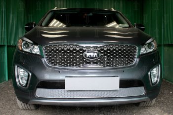 4 549 р. Защитная сетка в бампер (низ, ячейка 4х10 мм) Alfeco Премиум  KIA Sorento  UM/Prime (2014-2018) дорестайлинг (Хром)  с доставкой в г. Кемерово. Увеличить фотографию 1