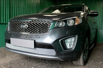 4 549 р. Защитная сетка в бампер (низ, ячейка 4х10 мм) Alfeco Премиум  KIA Sorento  UM/Prime (2014-2018) дорестайлинг (Хром)  с доставкой в г. Кемерово. Увеличить фотографию 3