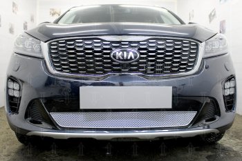 4 299 р. Защитная сетка в бампер (низ, ячейка 4х10 мм) Alfeco Премиум  KIA Sorento  UM/Prime (2018-2020) рестайлинг (Хром)  с доставкой в г. Кемерово. Увеличить фотографию 1