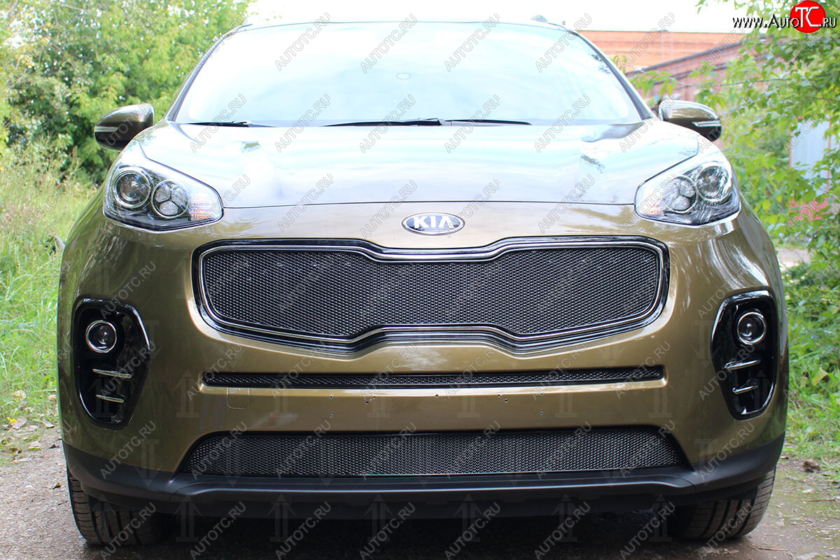5 549 р. Защитная сетка в бампер (верх, ячейка 4х10 мм) Alfeco Премиум  KIA Sportage  4 QL (2016-2018) дорестайлинг (Чёрная)  с доставкой в г. Кемерово