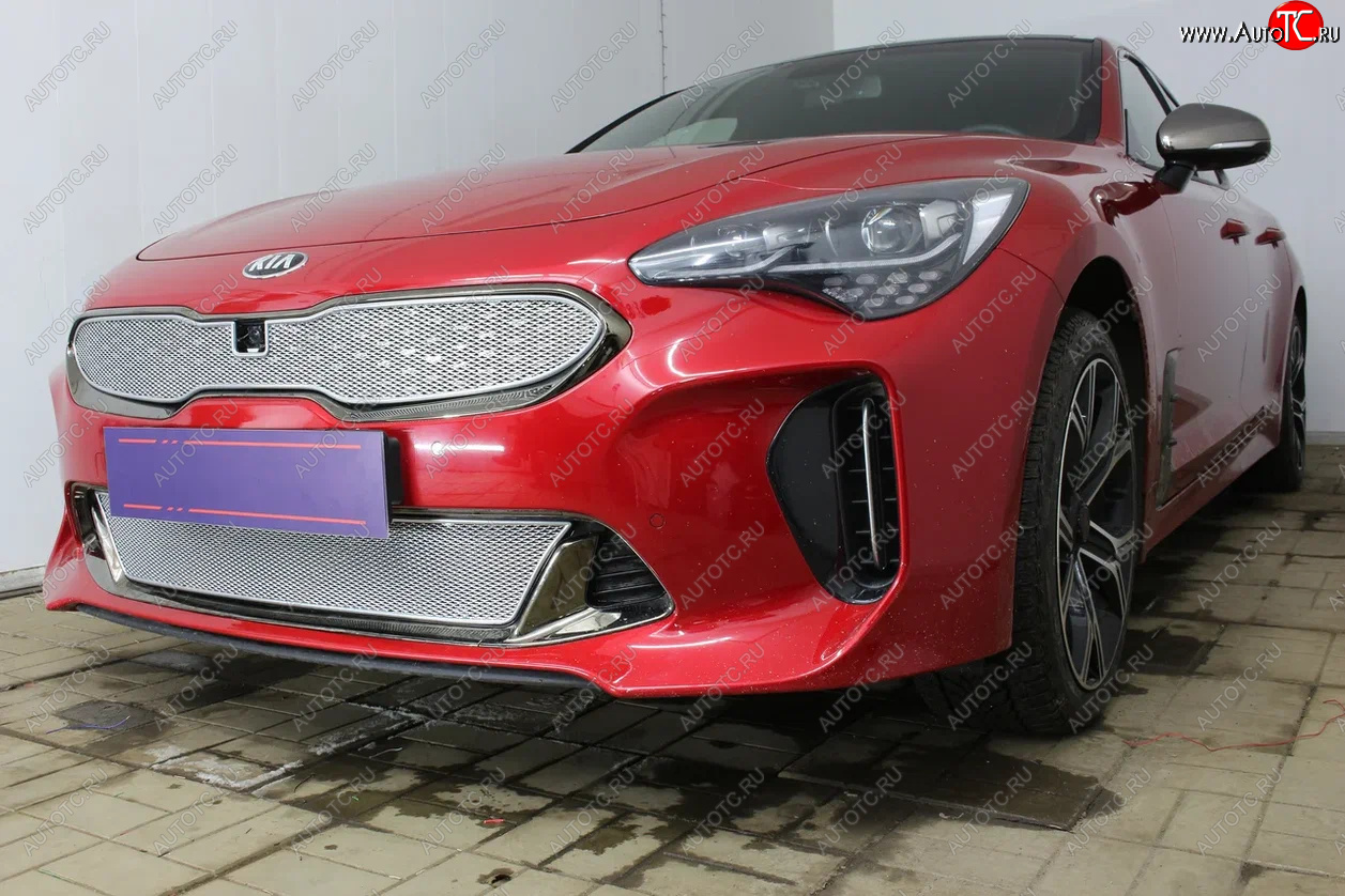 6 299 р. Защитная сетка в бампер (верх, ячейка 4х10 мм) Alfeco Премиум  KIA Stinger (2017-2025) (Хром)  с доставкой в г. Кемерово