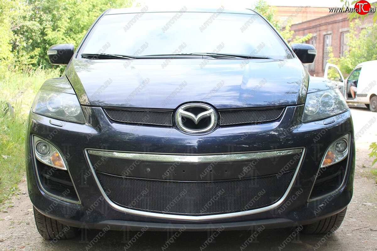 4 299 р. Защитная сетка в бампер (низ, ячейка 4х10 мм) Alfeco Премиум Mazda CX-7 ER рестайлинг (2010-2012) (Чёрная)  с доставкой в г. Кемерово