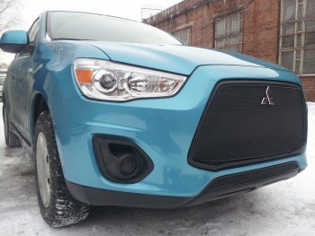Защитная сетка в бампер (верх, ячейка 4х10 мм) Alfeco Премиум Mitsubishi ASX 1-ый рестайлинг (2013-2016) (Чёрная)