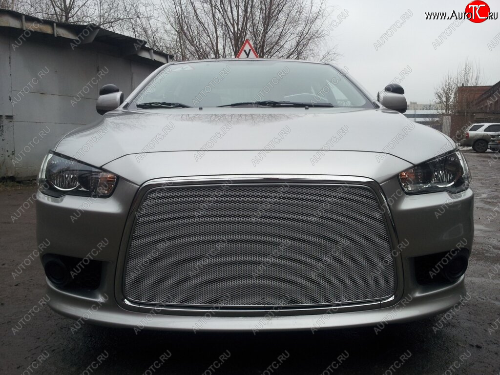 6 199 р. Защитная сетка в бампер (ячейка 3х7 мм) Alfeco Стандарт Mitsubishi Lancer 10 CY седан рестайлинг (2011-2017) (Хром)  с доставкой в г. Кемерово