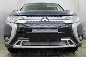 Защитная сетка в бампер (3 части, ячейка 4х10 мм) Alfeco Премиум Mitsubishi Outlander GF 3-ий рестайлинг (2018-2022) (Хром)