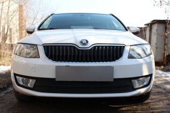 Защитная сетка в бампер (низ, 2 части, компл.Ambition,Elegance,Style, ячейка 4х10 мм) Стрелка11 Премиум Skoda Octavia A7 дорестайлинг лифтбэк (2012-2017) (Чёрная)