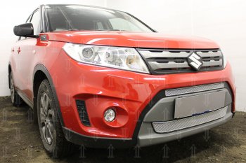 7 249 р. Защитная сетка в бампер (низ, 2 части, ячейка 4х10 мм) Стрелка11 Премиум Suzuki Vitara LY дорестайлинг (2015-2019) (Хром)  с доставкой в г. Кемерово. Увеличить фотографию 2