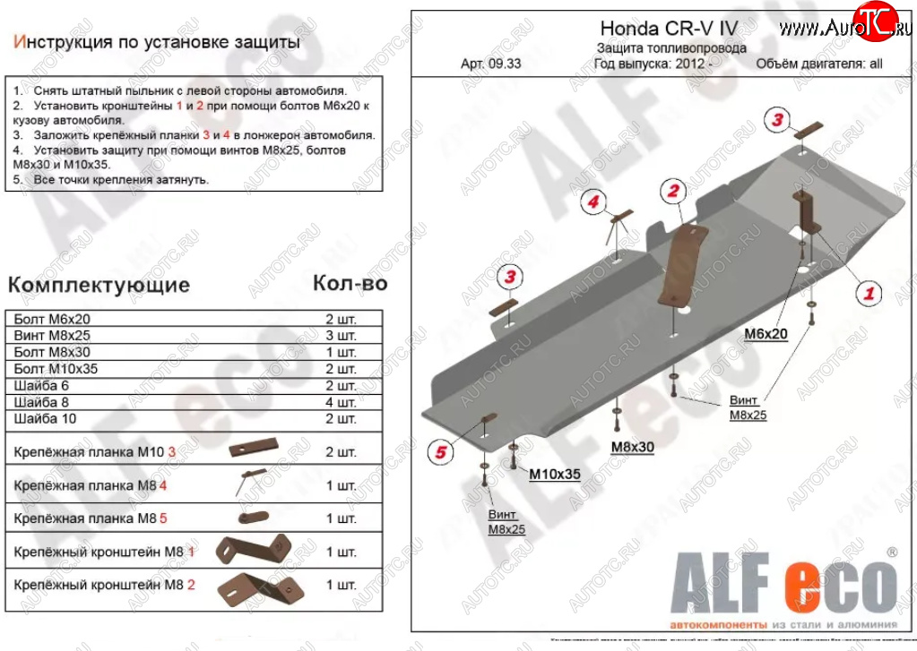 11 349 р. Защита топливопровода Alfeco  Honda CR-V  RM1,RM3,RM4 (2012-2018) дорестайлинг, рестайлинг (Алюминий 3 мм)  с доставкой в г. Кемерово