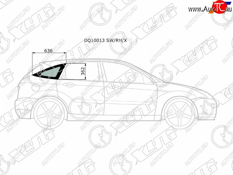 2 349 р. Стекло кузова боковое (не опускное) (Справа Цвет зеленый) Ford Focus 98-04 XYG DQ10013 SW/RH/X  с доставкой в г. Кемерово
