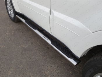 Пороги овальные с накладкой 120х60 мм, ТСС Тюнинг Mitsubishi Pajero 4 V90 2-ой рестайлинг (2014-2020) (серые)