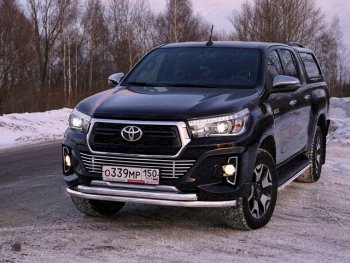Защита переднего бампера нижняя двойная 60,3*60,3 мм ТСС Тюнинг Toyota Hilux AN120 дорестайлинг (2016-2020) (нержавейка)