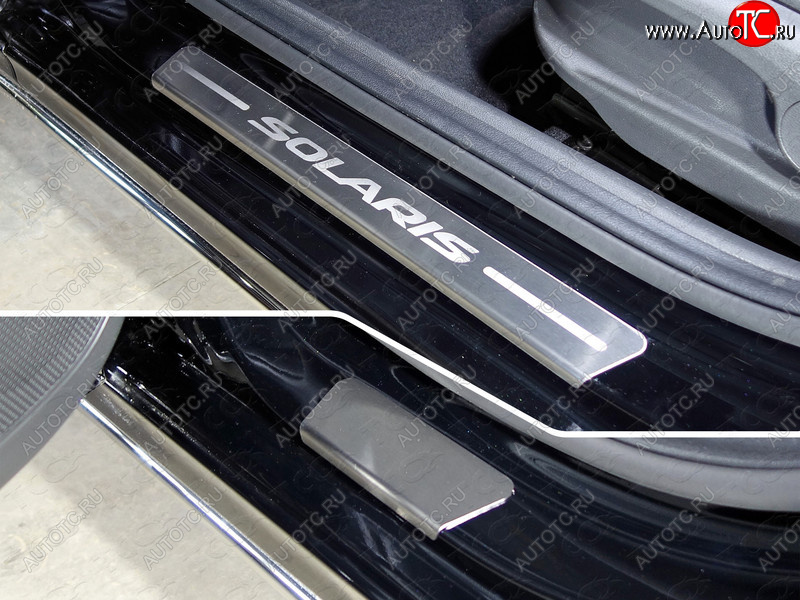 2 999 р. Накладки на пороги, ТСС Тюнинг  Hyundai Solaris  HCR (2017-2020) седан дорестайлинг (лист шлифованный надпись Solaris)  с доставкой в г. Кемерово