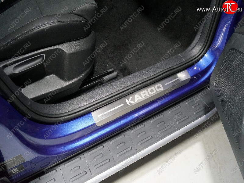3 879 р. Накладки на пороги, ТСС Тюнинг  Skoda Karoq  NU7 (2020-2025) рестайлинг (лист шлифованный надпись Karoq)  с доставкой в г. Кемерово