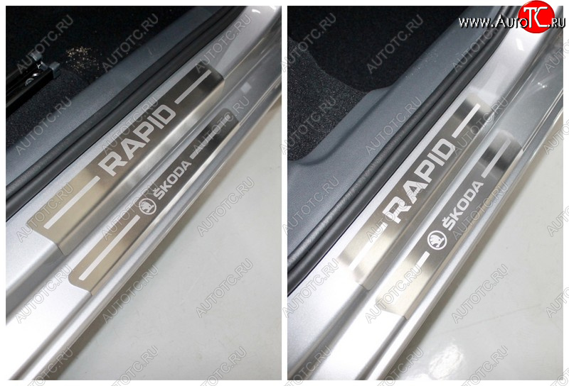 7 349 р. Накладки на пороги внутренние и внешние ТСС Тюнинг  Skoda Rapid  MK2 (2019-2025) (лист шлифованный надпись Skoda Rapid)  с доставкой в г. Кемерово
