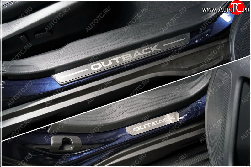 3 499 р. Накладки на пластиковые пороги, ТСС Тюнинг  Subaru Outback  BT (2019-2025) универсал (лист шлифованный надпись Outback)  с доставкой в г. Кемерово