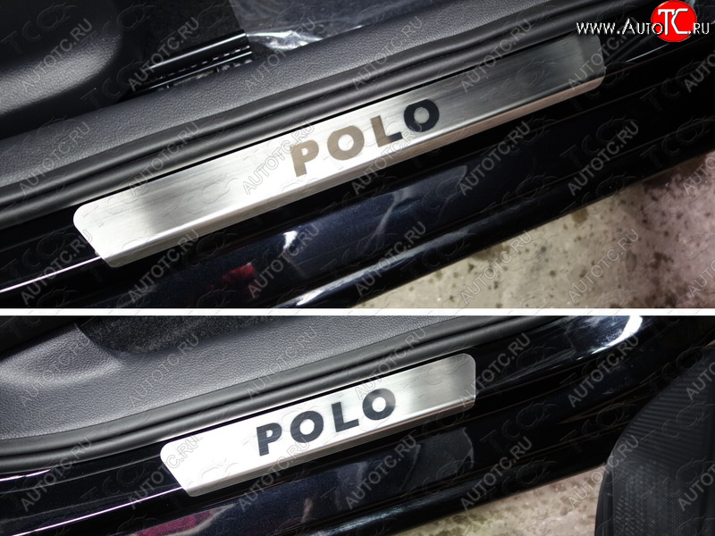 3 999 р.  Накладки на пороги, ТСС Тюнинг  Volkswagen Polo  5 (2015-2020) седан рестайлинг, хэтчбек рестайлинг (лист шлифованный надпись Polo)  с доставкой в г. Кемерово