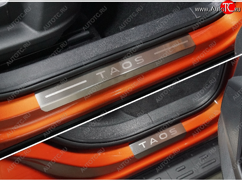 4 299 р. Накладки на пороги, ТСС Тюнинг  Volkswagen Taos (2020-2022) (лист шлифованный надпись Taos)  с доставкой в г. Кемерово