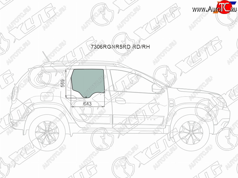 2 599 р. Стекло боковое опускное (Сзади Справа Цвет зеленый) Renault Duster 21-  Dacia Duster 17- XYG 7306RGNR5RD RD/RH  с доставкой в г. Кемерово