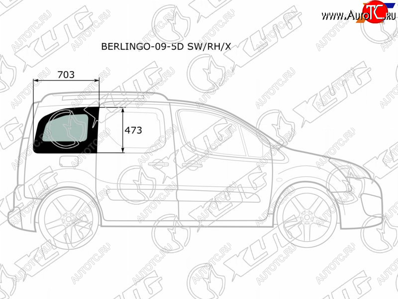 2 349 р. Стекло кузова боковое (не опускное) (Справа Цвет зеленый) Citroen Berlingo 08-22  Peugeot Partner XYG BERLINGO-09-5D SW/RH/X  с доставкой в г. Кемерово