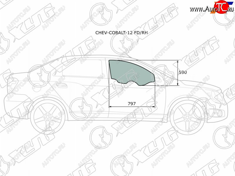 2 799 р. Стекло боковое опускное (Спереди Справа Цвет зеленый) Chevrolet Cobalt 13-  Ravon R4 16-20 XYG CHEV-COBALT-12 FD/RH  с доставкой в г. Кемерово