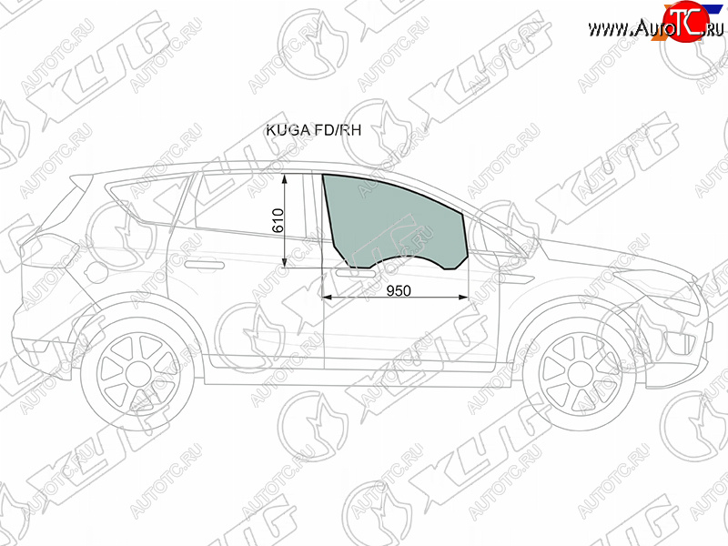 3 079 р. Стекло боковое опускное (Спереди Справа Цвет зеленый) Ford Kuga 08-13 XYG KUGA FD/RH  с доставкой в г. Кемерово