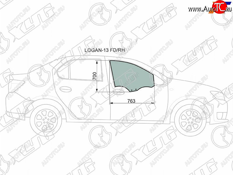 2 599 р. Стекло боковое опускное (Спереди Справа Цвет зеленый) Renault Logan 14-22  Sandero 14-22  Dacia XYG LOGAN-13 FD/RH  с доставкой в г. Кемерово