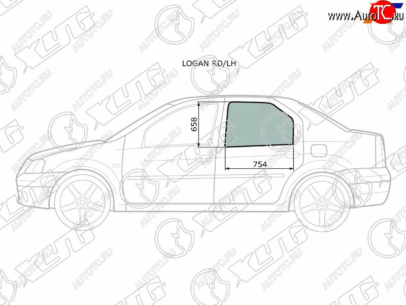 2 569 р. Стекло боковое опускное (Сзади Слева Цвет зеленый) Renault Logan 04-16  Dacia Logan 04-08 XYG LOGAN RD/LH  с доставкой в г. Кемерово