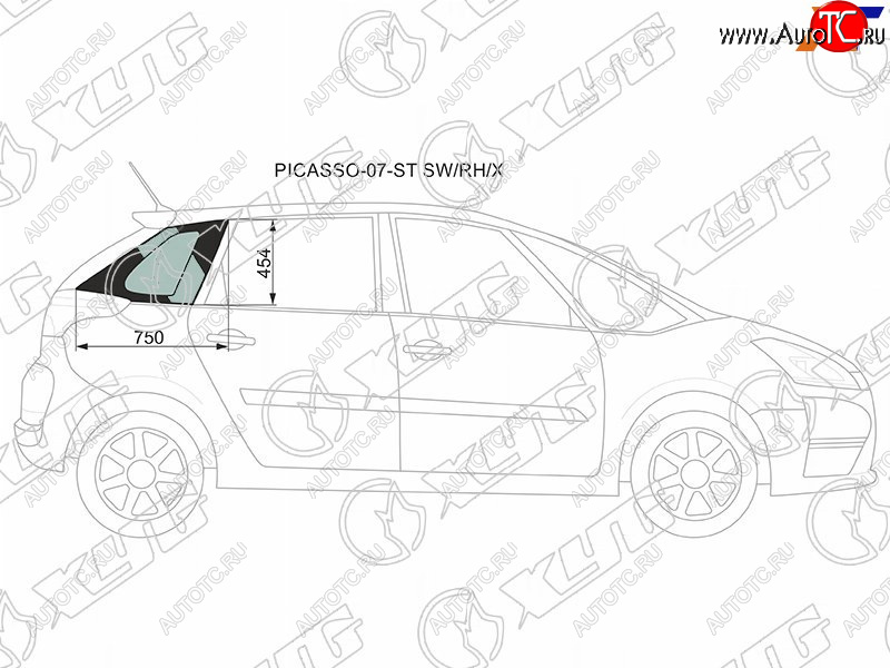 1 059 р. Стекло кузова боковое (не опускное) (Справа Цвет зеленый) Citroen C4 Picasso 07-14 XYG PICASSO-07-ST SW/RH/X  с доставкой в г. Кемерово