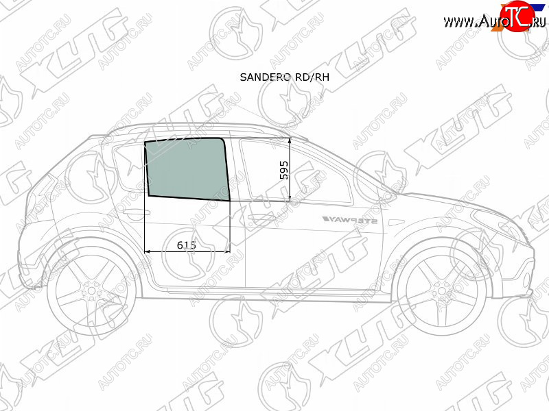 2 599 р. Стекло боковое опускное (Сзади Справа Цвет зеленый) Renault Sandero 09-14  Dacia Sandero 08-12  XYG SANDERO RD/RH  с доставкой в г. Кемерово