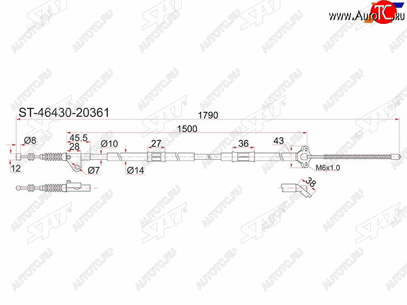 899 р. Трос ручника RH SAT  Toyota Caldina ( T190,  T210) - Corona SF  T190 (барабанные тормоза)  с доставкой в г. Кемерово